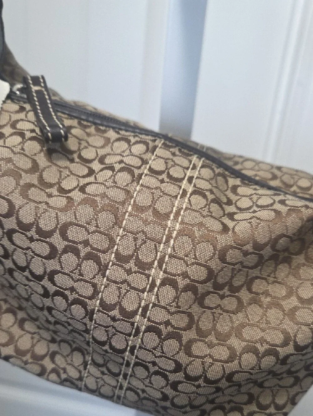 Coach Brown Signature Canvas Shoulder Bag with Leather Trim